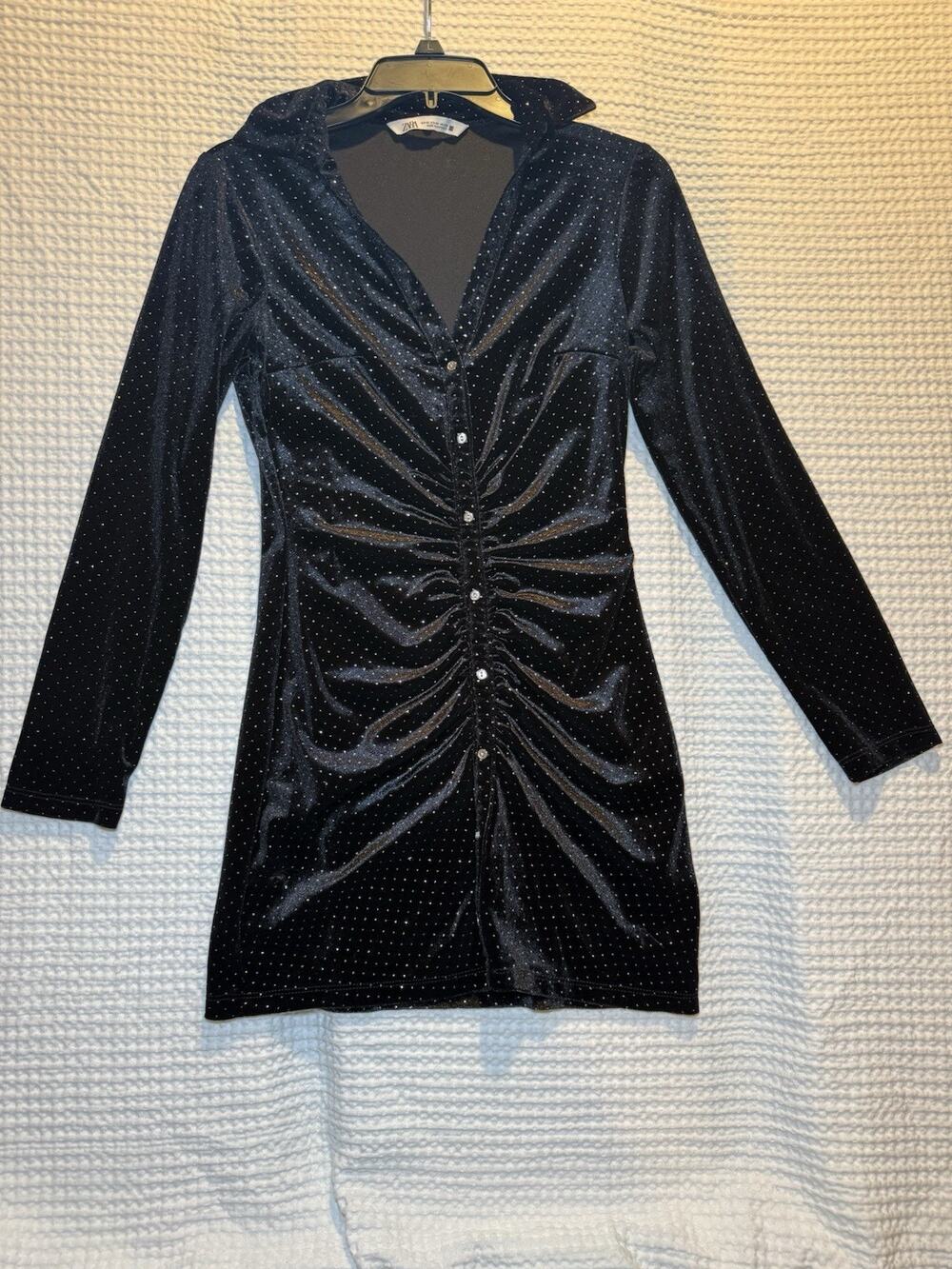 ZARA Black Velvet Rhinestone Ruched Mini Dress XS Button Front Long Sleeve